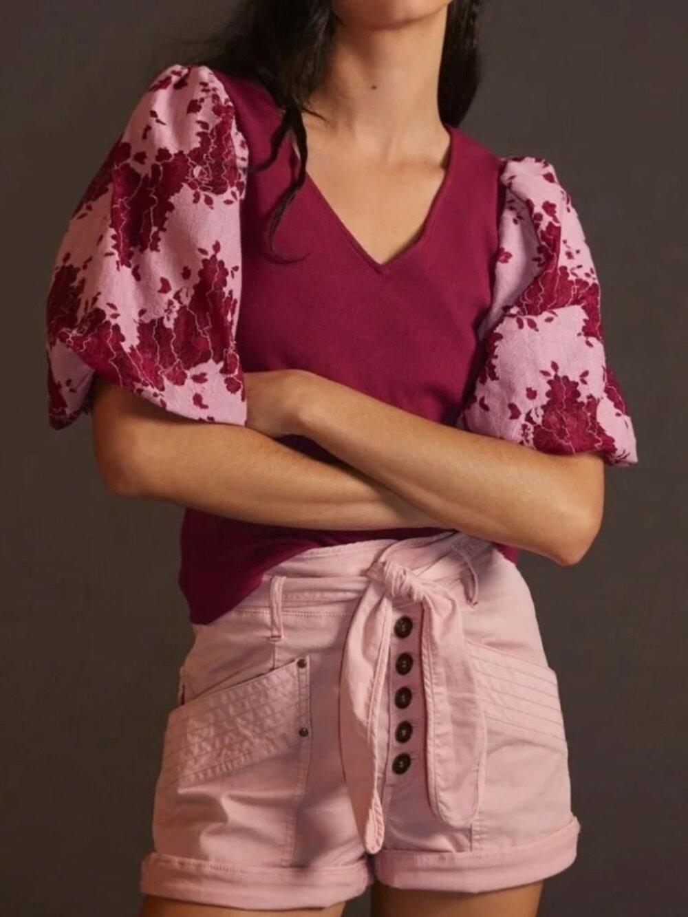 Anthropologie Dolan Lace Puff-Sleeves V Neck Rib Top M Wine Magenta Romantic $98